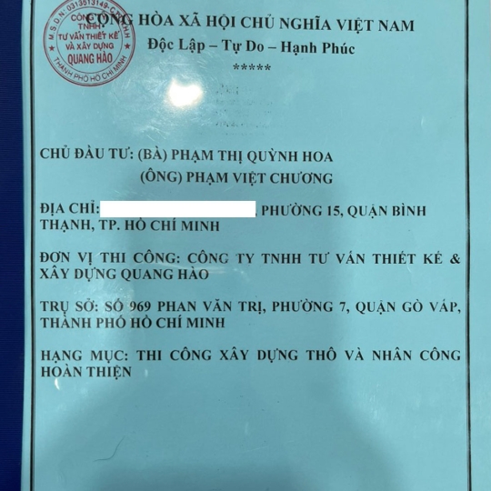 Ký hợp đồng xây mới nhà Cô Hoa ở Quận Bình Thạnh