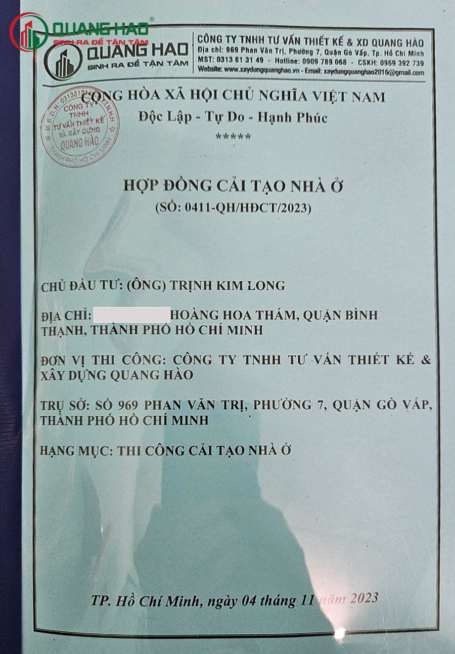 Hợp đồng sửa nhà ở Chú Long tại Quận Bình Thạnh