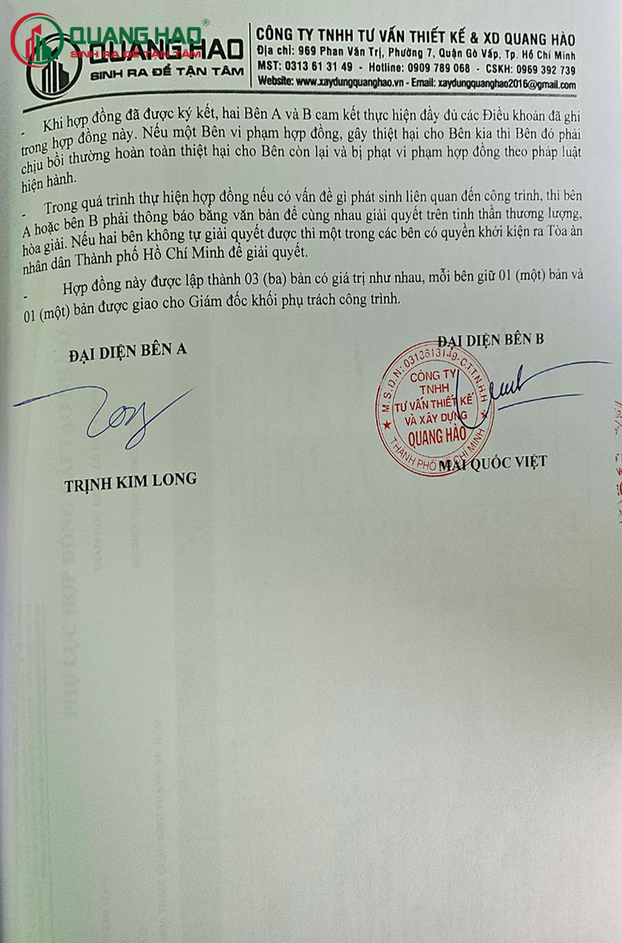 Hợp đồng sửa nhà ở Chú Long tại Quận Bình Thạnh