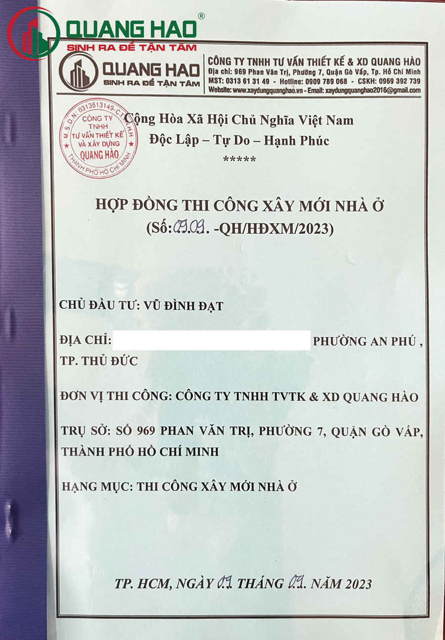Hợp đồng xây mới nhà ở Anh Đạt Quận 2