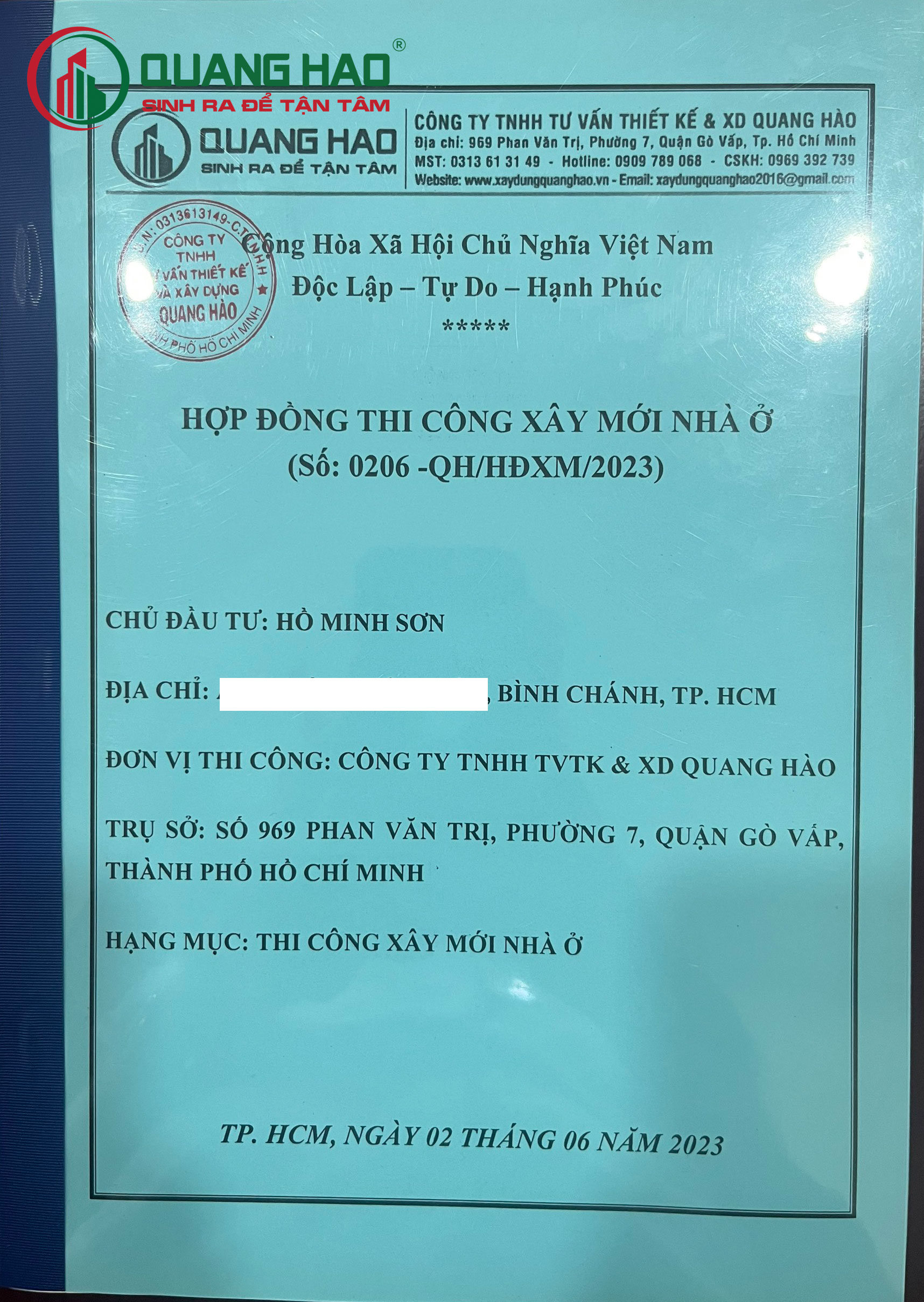 Hợp đồng xây mới nhà ở Anh Sơn tại Huyện Bình Chánh