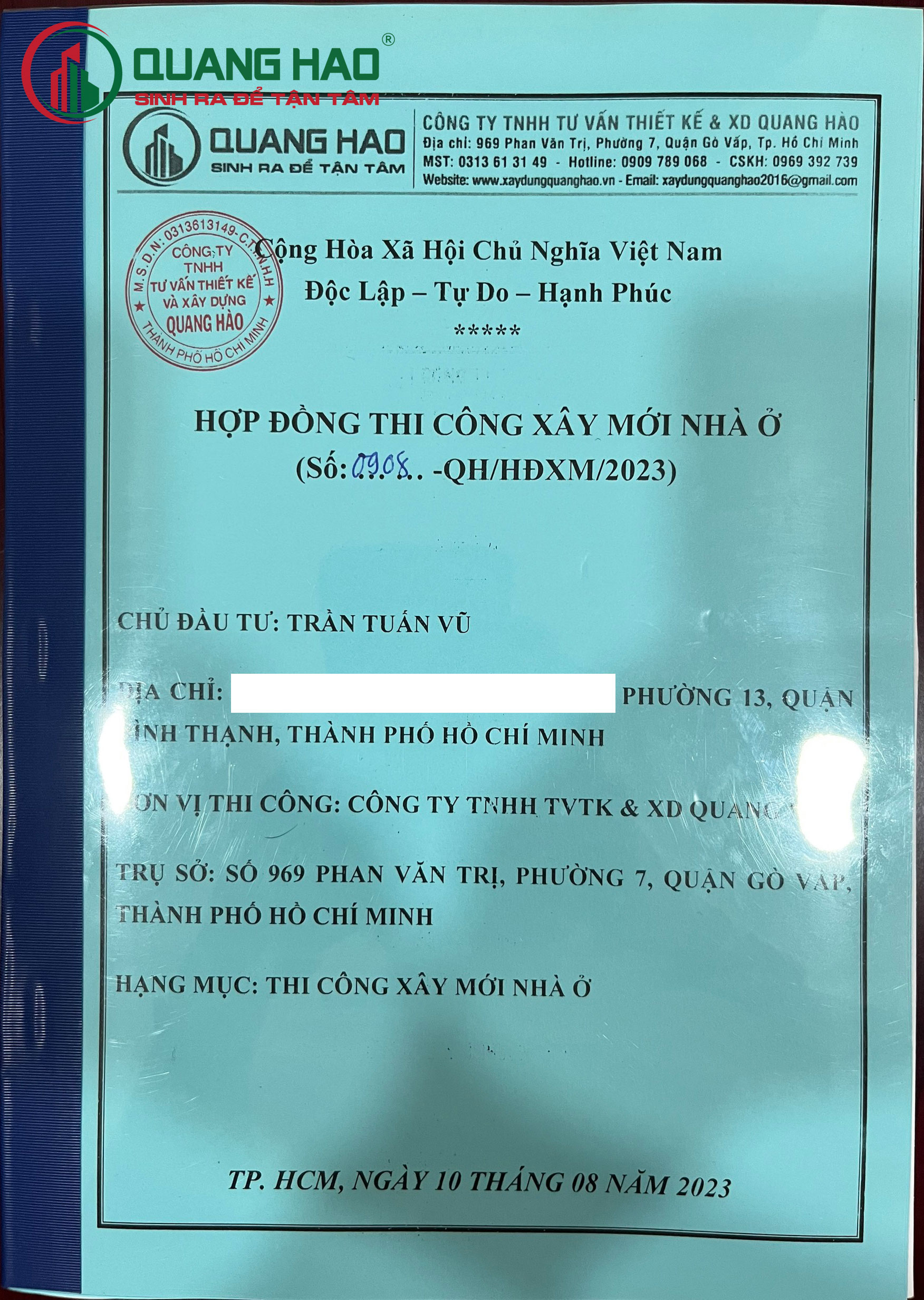 Hợp đồng xây mới nhà ở Anh Vũ Quận Bình Thạnh
