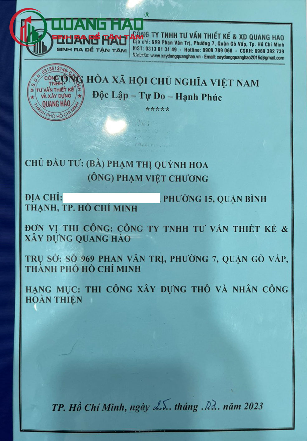 Hợp đồng xây mới nhà ở Cô Hoa, Anh Chương Quận Bình Thạnh