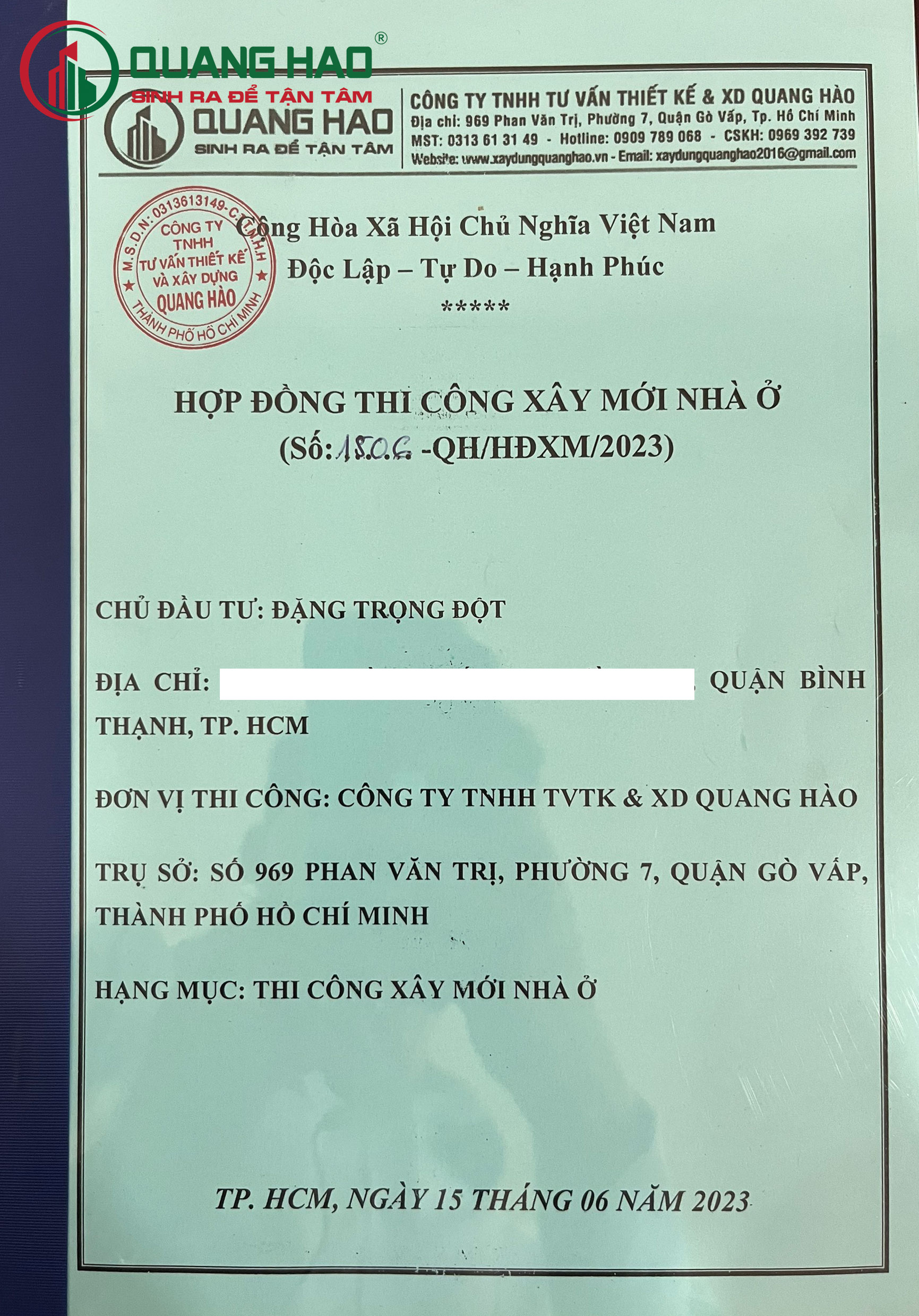 Hợp đồng xây mới nhà ở Chú Đột Quận Bình Thạnh